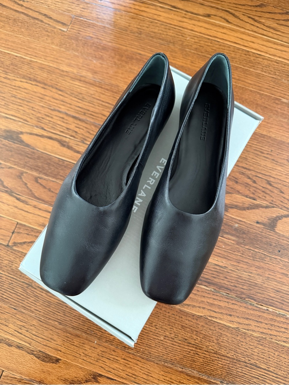 Everlane Black Leather Square-Toe Ballet Flats